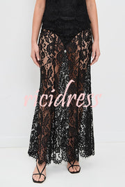 Make An Entrance Floral Stretch Lace Mid Rise Flare Maxi Skirt