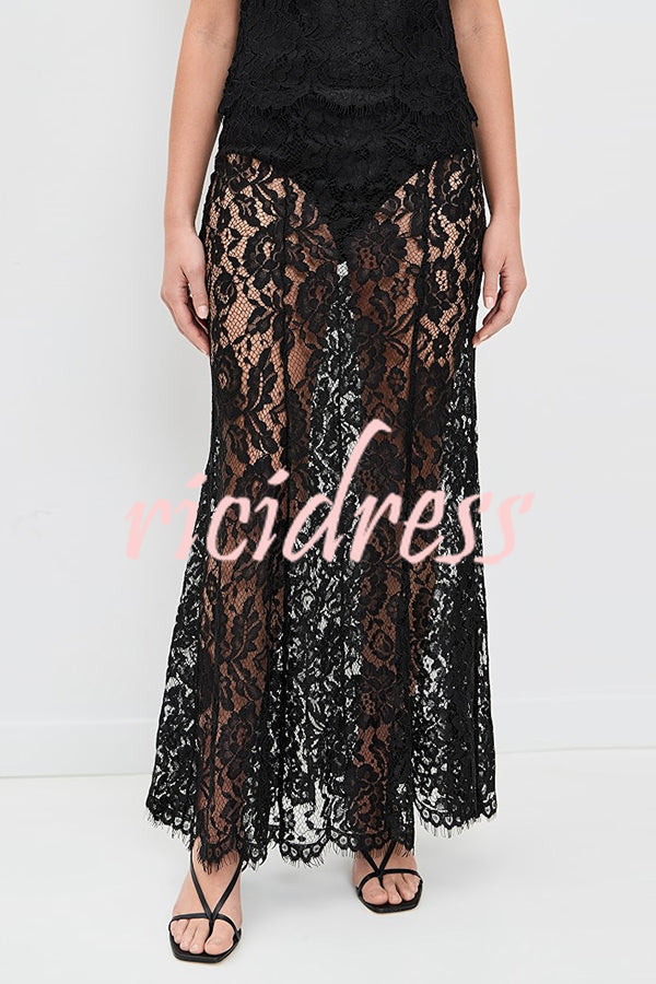 Make An Entrance Floral Stretch Lace Mid Rise Flare Maxi Skirt