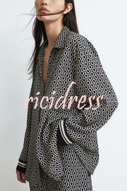 Unique Print Lapel Long Sleeve Loose Shirt and Elastic Waist Casual Pocket Wide Leg Pants Set