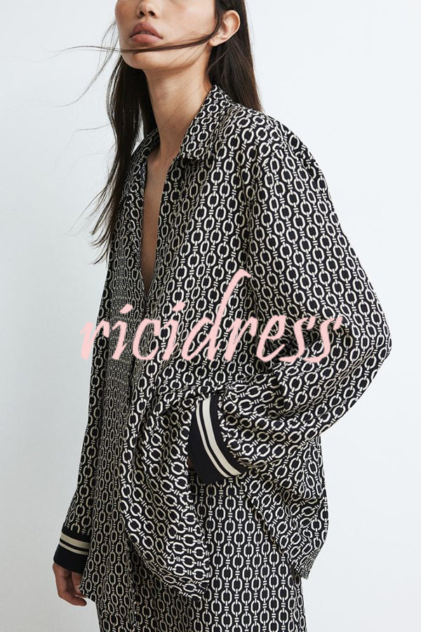 Unique Print Lapel Long Sleeve Loose Shirt and Elastic Waist Casual Pocket Wide Leg Pants Set
