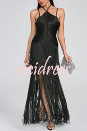 Sexy Halterneck Open Back Elegant Tassel Slim Maxi Dress