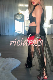 Dancing Miracle One Shoulder High Waist Hollow Design Tassel Hem Drape Mini Dress
