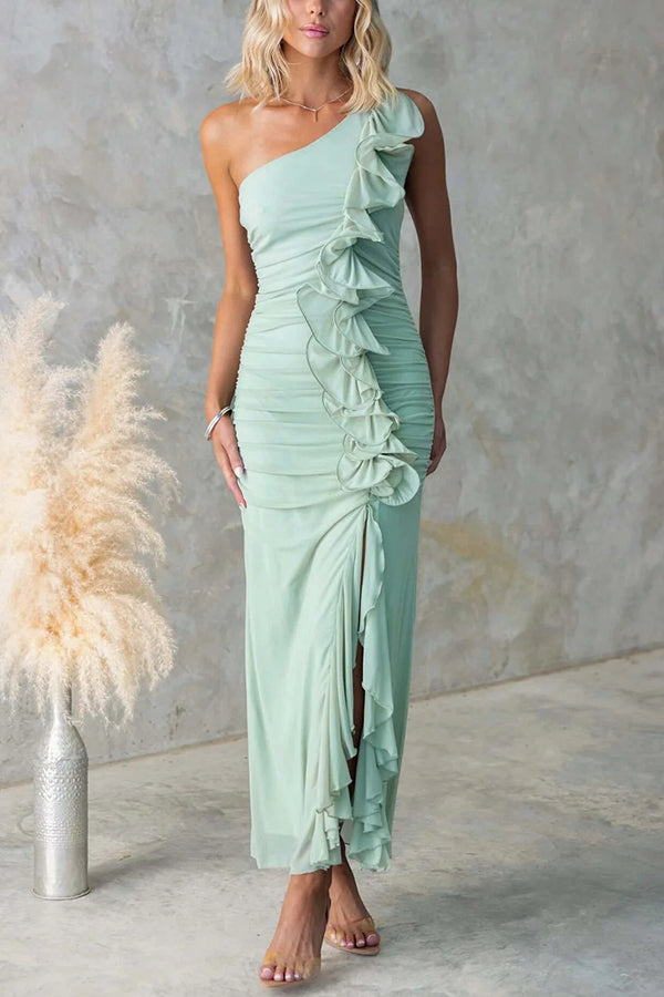 Fashion One-shoulder Pleated Sexy High Slit Slim Dress