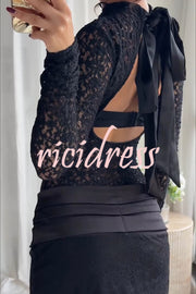 Anna Semi-sheer Lace Long Sleeve Back Bow Tie-up Cutout Stretch Bodysuit