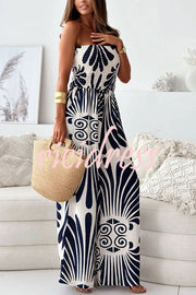 Unique Printed Off-shoulder Pleated Casual Wide-leg Jumpsuit