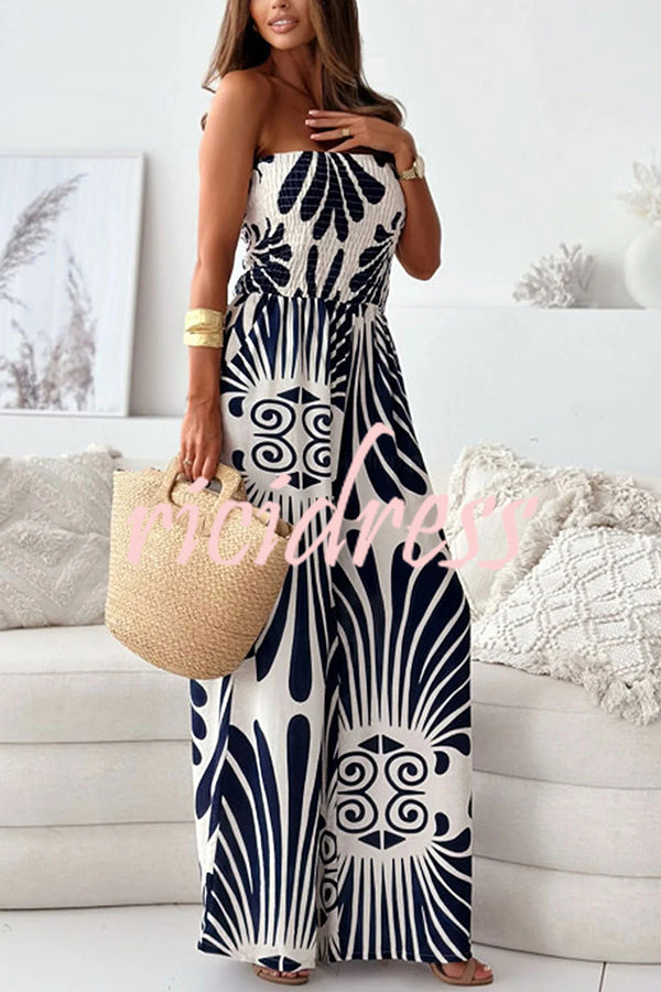 Unique Printed Off-shoulder Pleated Casual Wide-leg Jumpsuit