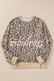 Leopard Print Crew Neck Patchwork Long sleeve Casual Loose Sweatshirt