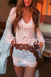 Coachella Time Unique Lace Pattern Oversized Bell Sleeve Stretch Mini Dress