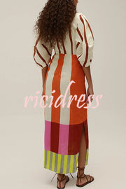 Kaya Linen Blend Color Block Print Front Cutout Knot Puff Sleeve Maxi Dress