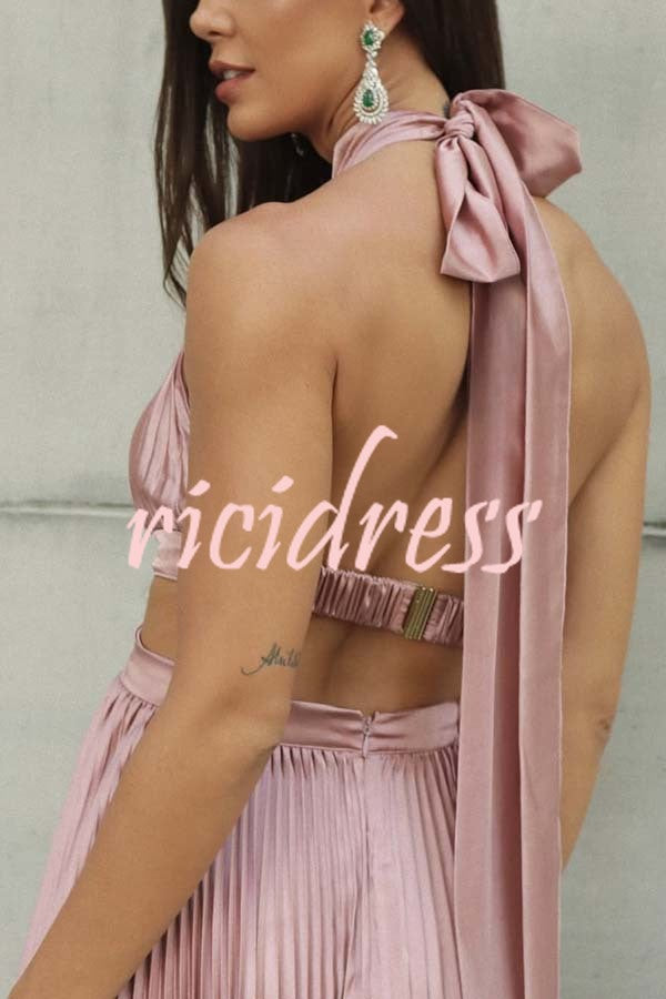 Stunning Choice Satin Pleated Halter High Neck Cutout Waist Backless Maxi Dress