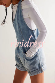 Stylish Loose Sleeveless Pocket Straps Adjustable Denim Rompers