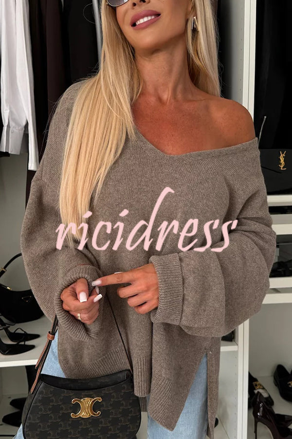 Cold Weather Knit Solid Color Long Sleeve V-neck Irregular Relaxed Sweater