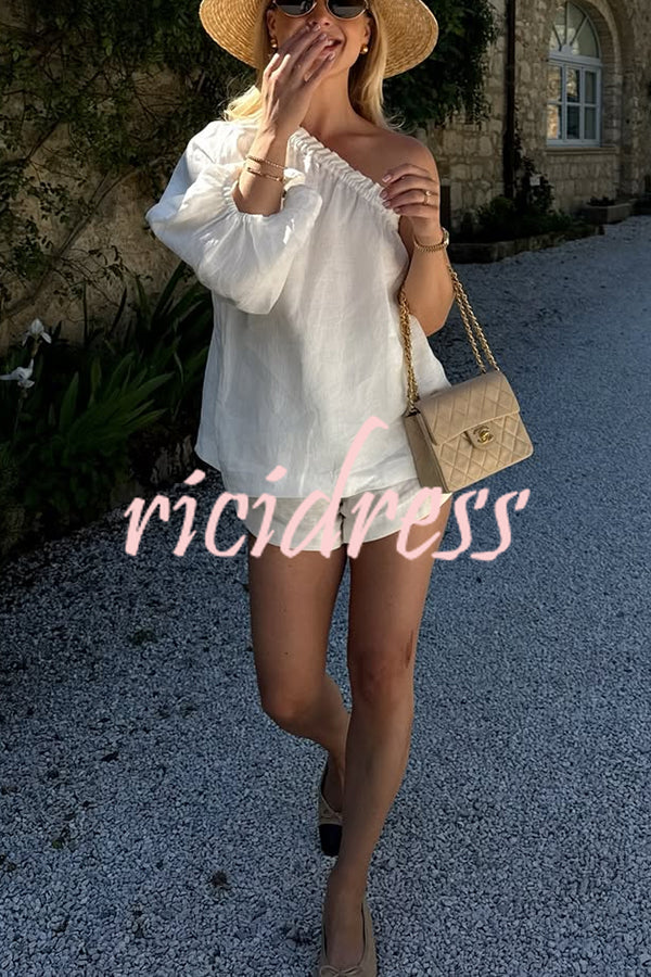 Chasing Comfort Linen Blend One Shoulder Top and Elastic Waist Pocket Shorts Set