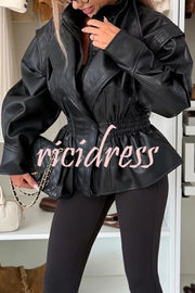 Play It Cool Faux Leather Single Button Elastic Waist Lapel Moto Jacket
