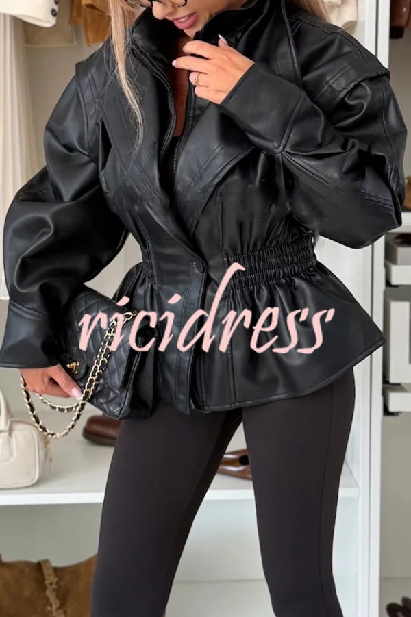 Play It Cool Faux Leather Single Button Elastic Waist Lapel Moto Jacket