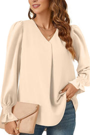 Solid Color V-neck Elastic Cuffs Long-sleeved Loose Top