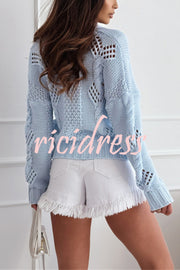 Fashion Hollow Long Sleeve V-neck Button Loose Knitted Cardigan