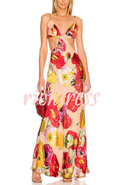 Hawaiian Dreams Satin Floral Print Cutout Backless Maxi Dress