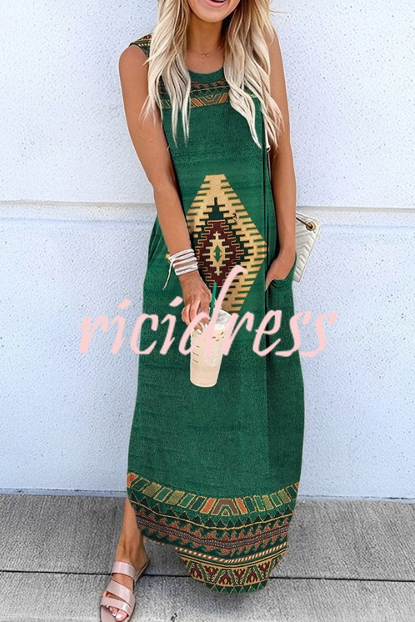 Merced Ethnic Geometric Hippie Print Pocketed Knit Maxi Dress