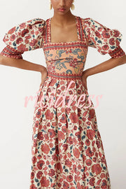 Floral Print Square Neck Puff Sleeve Tie Top and Elegant Casual Maxi Skirt Set