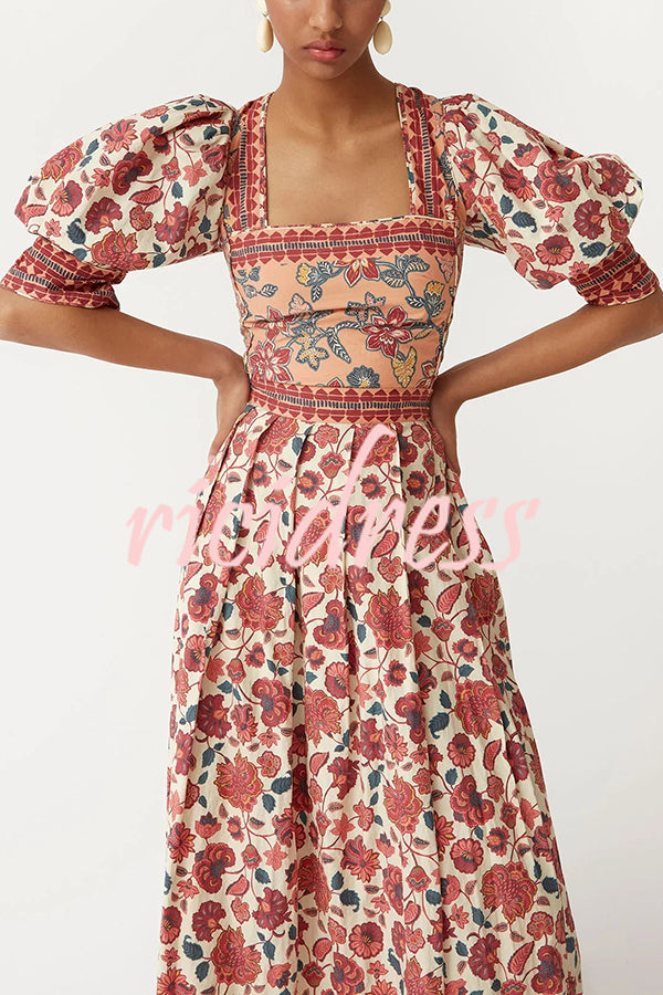 Floral Print Square Neck Puff Sleeve Tie Top and Elegant Casual Maxi Skirt Set