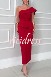 Sweet Party One Shoulder Lapel Neck Sleeveless Bow Belt Pencil Midi Dress