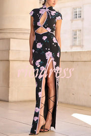 Lavender Flower Print Cutout Bow Details Thigh-high Slit Cheongsam Maxi Dress