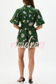 Linen Blend Unique Print Puff Sleeve Casual Mini Dress