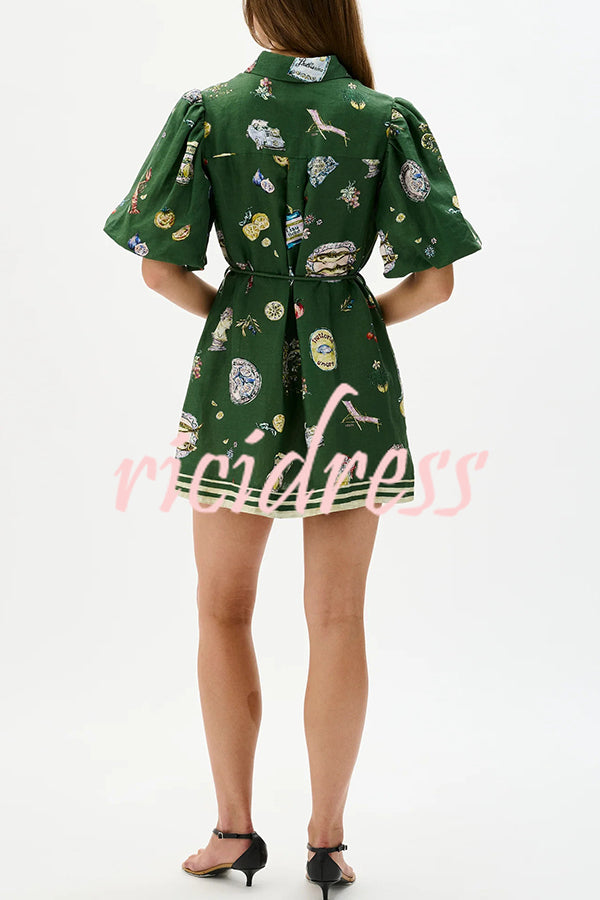 Linen Blend Unique Print Puff Sleeve Casual Mini Dress