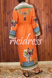 Linen Blend Unique Print Tie-waist Casual Maxi Dress