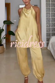 Satin Solid Pocket Loose Casual Pants