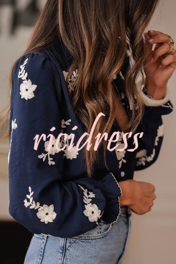 Floral Embroidery Long-Sleeved Button-Up Elegant Shirt