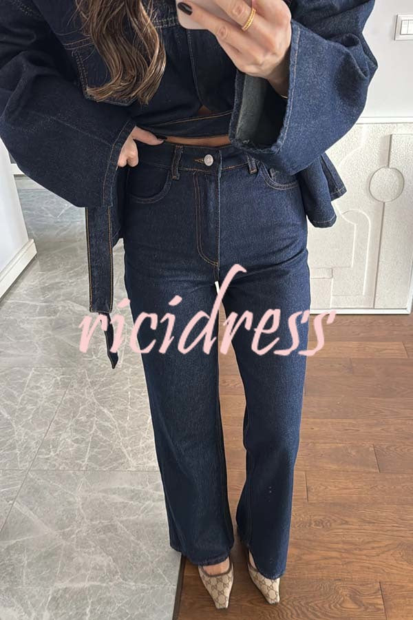 Fashion Workwear Style Denim High Rise Pocket Straight Leg Jeans