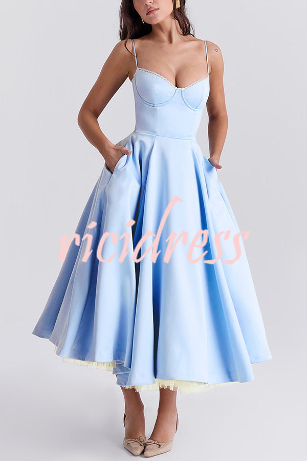 Fairytale Vibe Satin Patchwork Tulle Sweetheart Neck Pocket Stretch Midi Dress