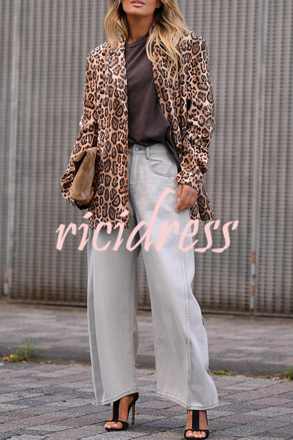 Catwalk Leopard Single Button Long Sleeve Pocketed Lapel Boyfriend Blazer