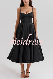 Fairytale Vibe Satin Patchwork Tulle Sweetheart Neck Pocket Stretch Midi Dress