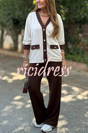 Stylish Color-blocked V-neck Knitted Button-down Cardigan and Elastic Waist Casual Wide-leg Pants Set