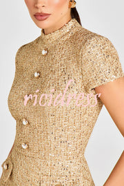Gold Standard Tweed Fabric Pearl Button Short Sleeve Pocketed Mini Dress