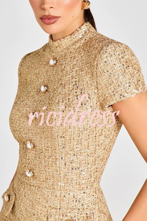 Gold Standard Tweed Fabric Pearl Button Short Sleeve Pocketed Mini Dress