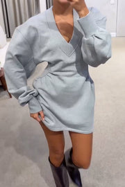 Weekend Stroll Ribbed V-neck Long Sleeve Waisted Sporty Mini Dress