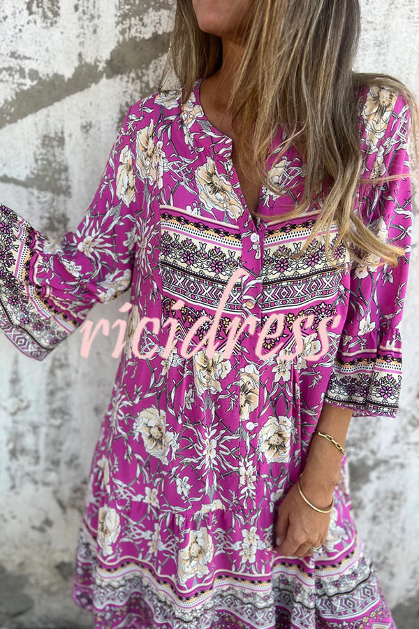 Ethnic Floral Print V-neck Loose Pocket Mini Dress