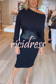 Winston Faux Leather Patchwork Wide Belt Design One Shoulder Stretch Midi Dress