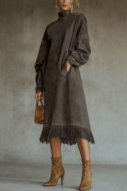 Solid Color Suede Loose Long-sleeved Casual Pocket Tassel Hem Midi Dress