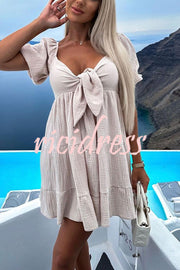 Solid Color Versatile Lace-Up V Neck Balloon Sleeve Mini Dress