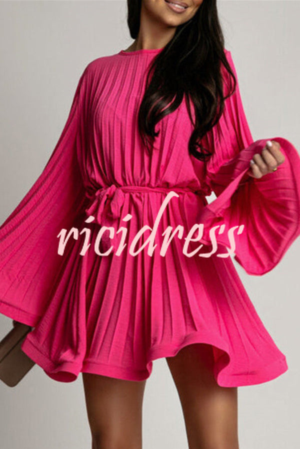 Fashion Bell Sleeve Loose Waist Tie Pleated Mini Dress