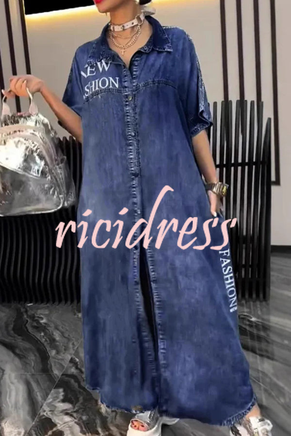 Fashion Letter Print Lapel Cardigan Loose Maxi Dress