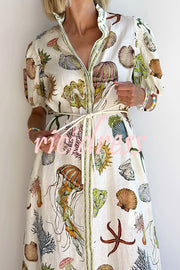 Beach Shell Print Puff Sleeve Tie-Waist Casual Midi Dress