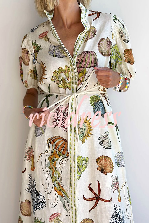 Beach Shell Print Puff Sleeve Tie-Waist Casual Midi Dress