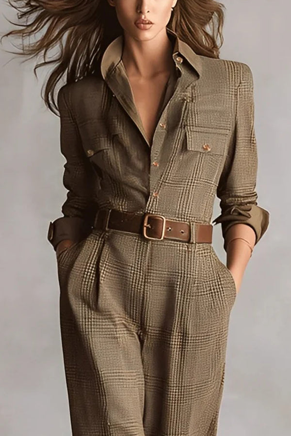 Retro Plaid Print Casual Pocket High-waisted Jumpsuit