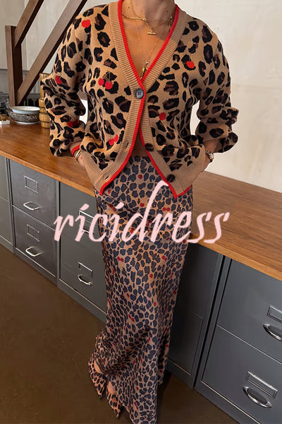 Perfect for Winter Leopard Cherry Print Satin Elastic Waist Draped Maxi Dress